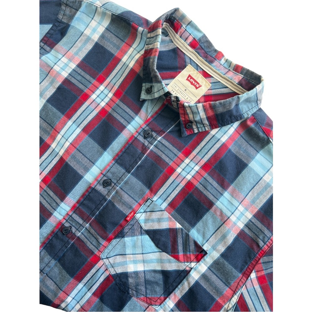 Levis Shirt Mens M Plaid‎ Red White Blue Short Sleeve Button Down Cotton Top